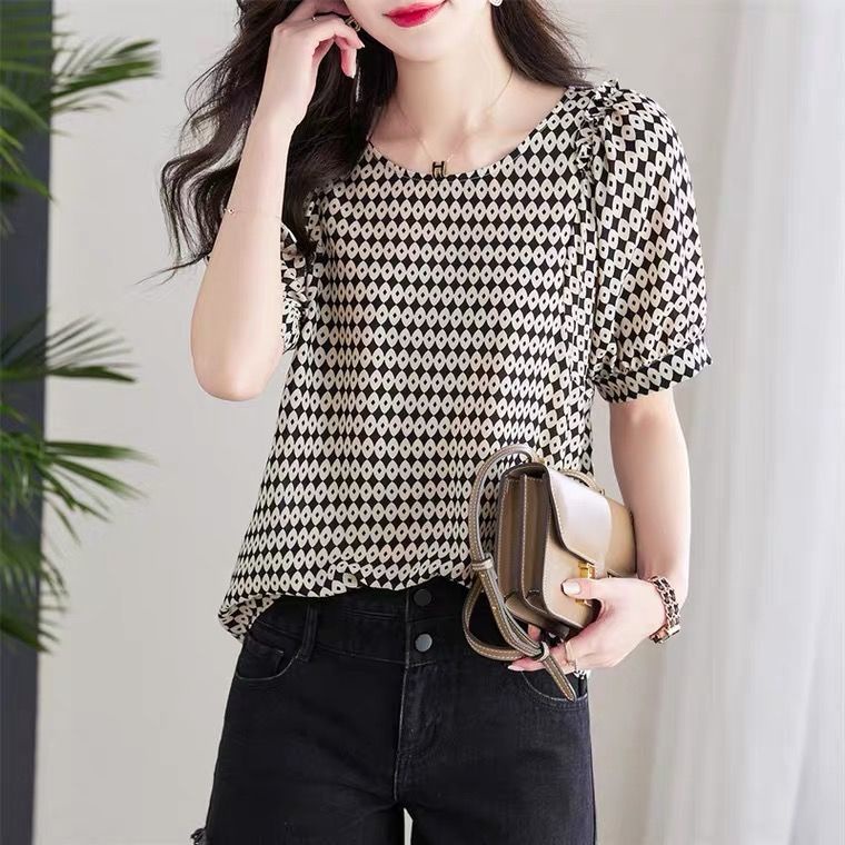 Áo Chiffon Nữ Tay Ngắn Cổ Tròn In Hoa Phong Cách Phương Tây Thời Trang Mùa Hè