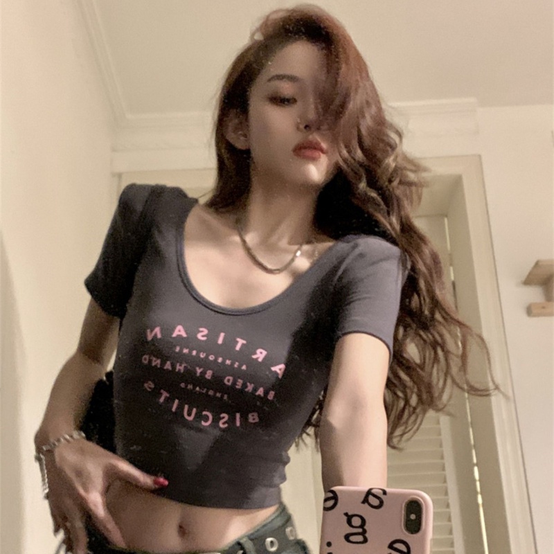 COZOK Áo Thun Ngắn Tay Cổ Chữ U In Chữ Thời Trang Quyến Rũ