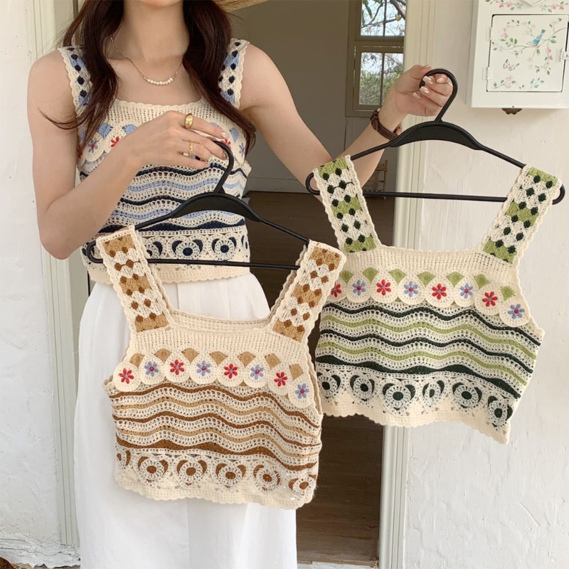 Áo Croptop Dệt Kim Họa Tiết Kẻ Sọc Phối Tua Rua Phong Cách Cổ Điển Thời Trang Đi Biển Cho Nữ
