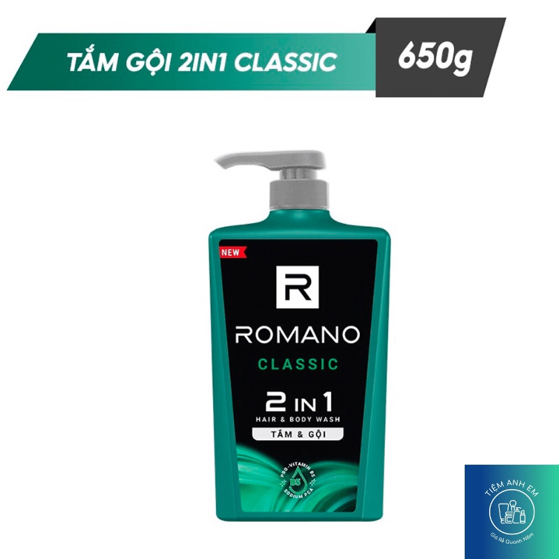 Tắm gội 2 trong 1 hương nước hoa Romano 2in1 Classic/ Force/ Gentleman/ Attitude chai 650g