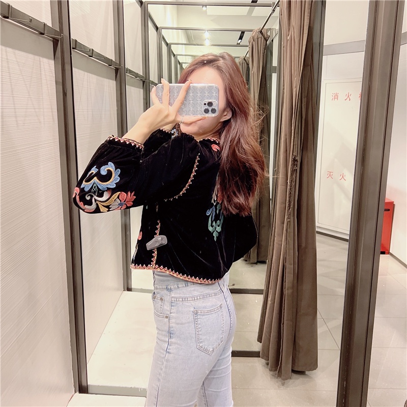 Zara Áo Khoác Nhung Thêu Hoa Phong Cách vintage Thời Trang 06895277800