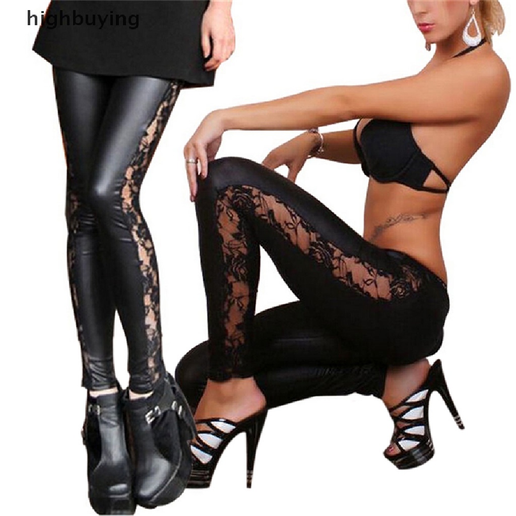 Quần Legging Da PU Phối Ren Phong Cách Gothic Punk Gợi Cảm