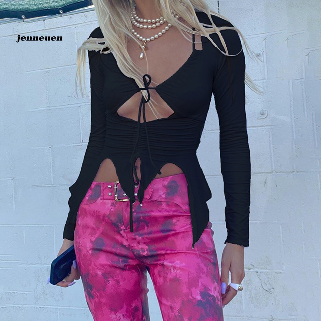 Jen Shirring Font Áo Croptop Quấn Ngực Không Đối Xứng Viền Rỗng Gợi Cảm Cho Nữ