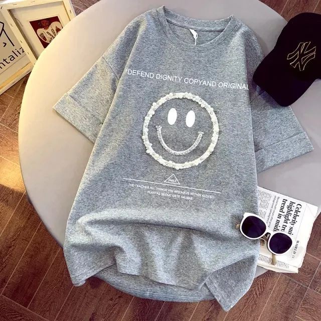 Áo Thun 100% Cotton Tay Ngắn Dáng Rộng In Hình Mặt Cười 3D Thời Trang Xuân Hè 2022