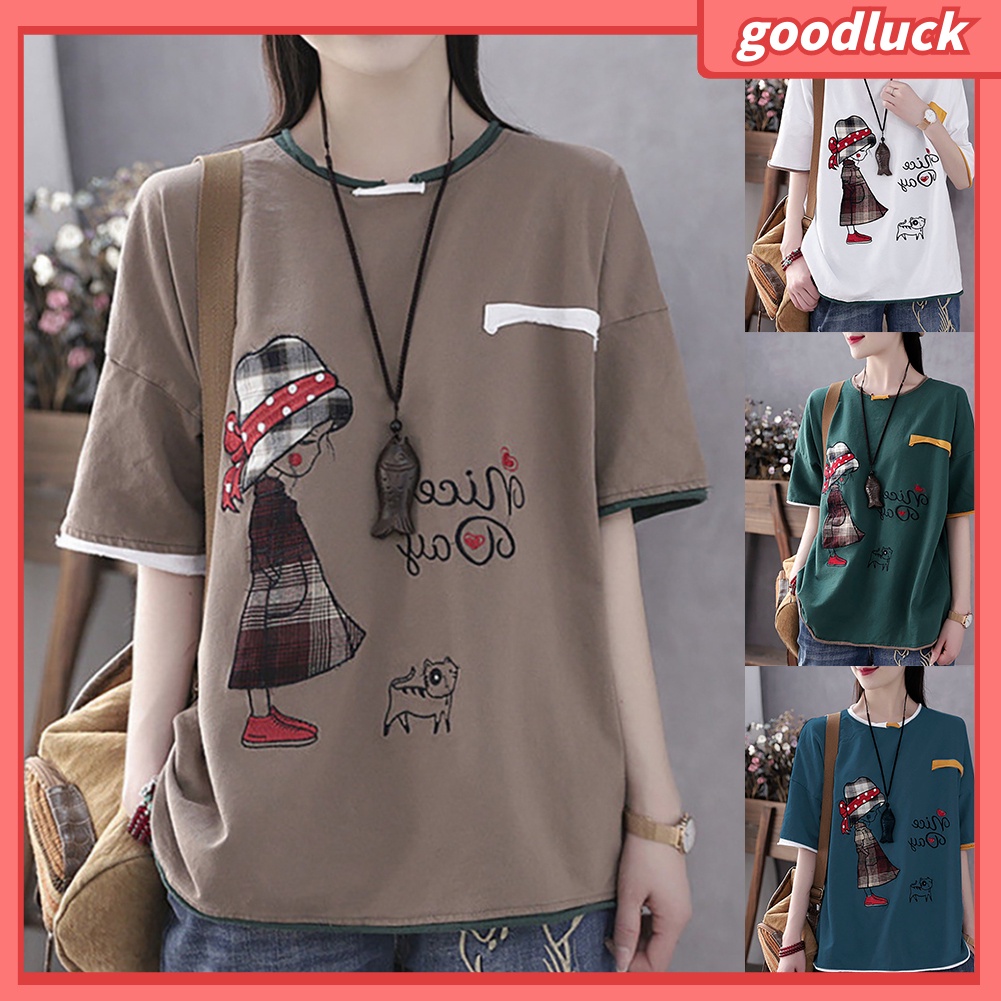 Áo Thun Cotton Tay Ngắn Cổ Tròn In Hình Mèo Hoạt Hình Dành Cho Nữ