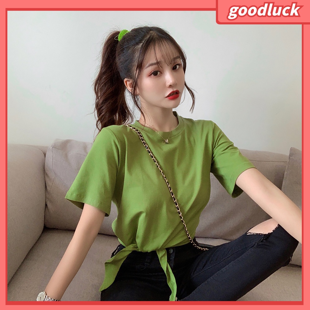 Áo Thun Tay Ngắn Cổ Tròn Màu Trơn Thắt Nút Độc Đáo Thời Trang Mùa Hè Cho Nữ