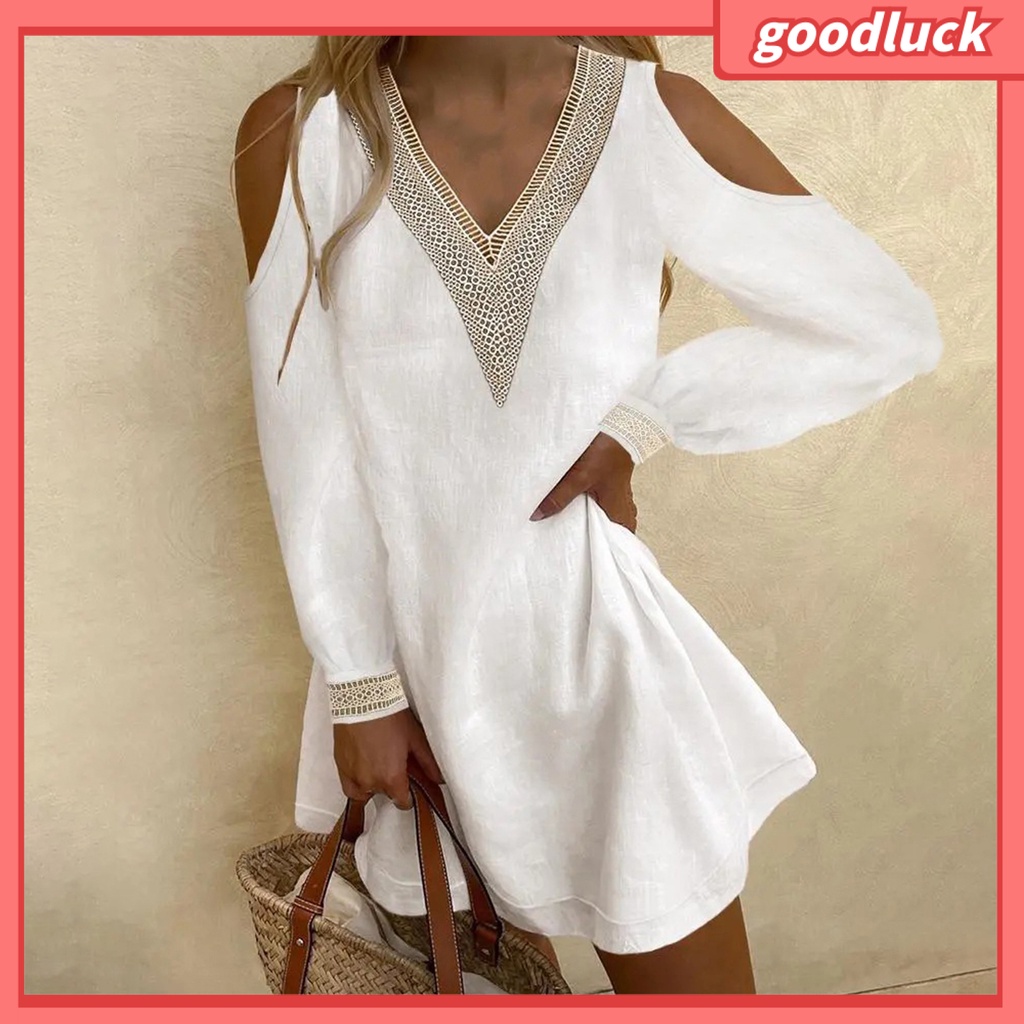 Đầm Mini Tay Dài Màu Trơn Cổ Chữ V Phối Ren Thanh Lịch Cho Nữ