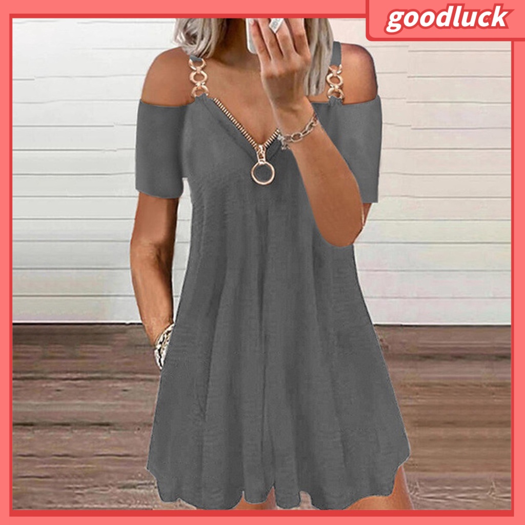 [GUC] Đầm Xòe Mini Chữ A Xếp Ly Dây Đeo Vai Cổ Chữ V Tay Ngắn Có Khóa Kéo Bằng Kim Loại Kích Thước Lớn Cho Nữ