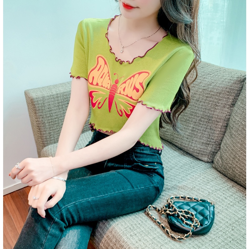 Áo Thun Ngắn Tay Hở Rốn In Họa Tiết Bướm Viền Gỗ Thời Trang Mùa Hè Hàng Mới 2023 Dành Cho Bạn
