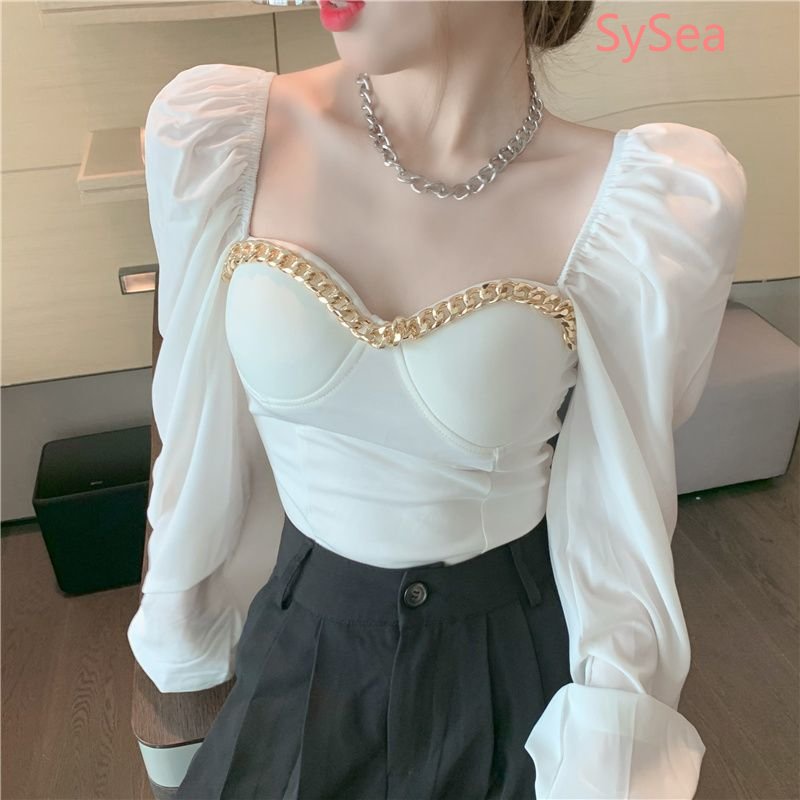 Áo Kiểu Tay Phồng Cổ Vuông Phối Dây Xích Phong Cách Hàn Quốc