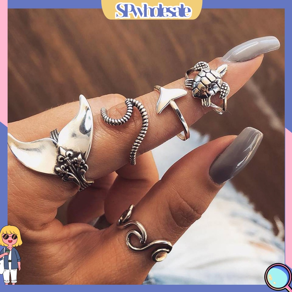 <SPwholesale> Set 5 Nhẫn Đeo Khớp Ngón Tay Phong Cách Boho Cho Nữ