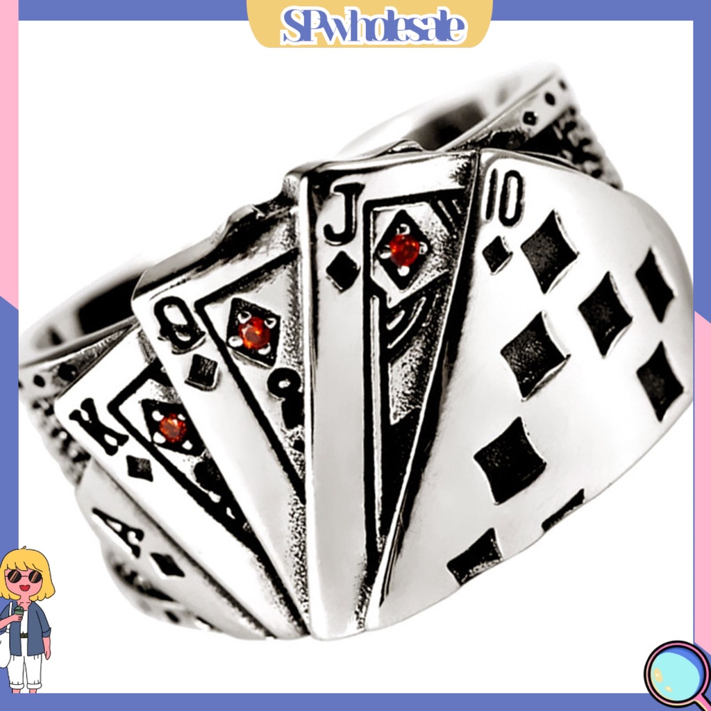<SPwholesale> Nhẫn Hở Mạ Bạc Khắc Hình Lá Bài Poker Có Thể Điều Chỉnh Kích Cỡ