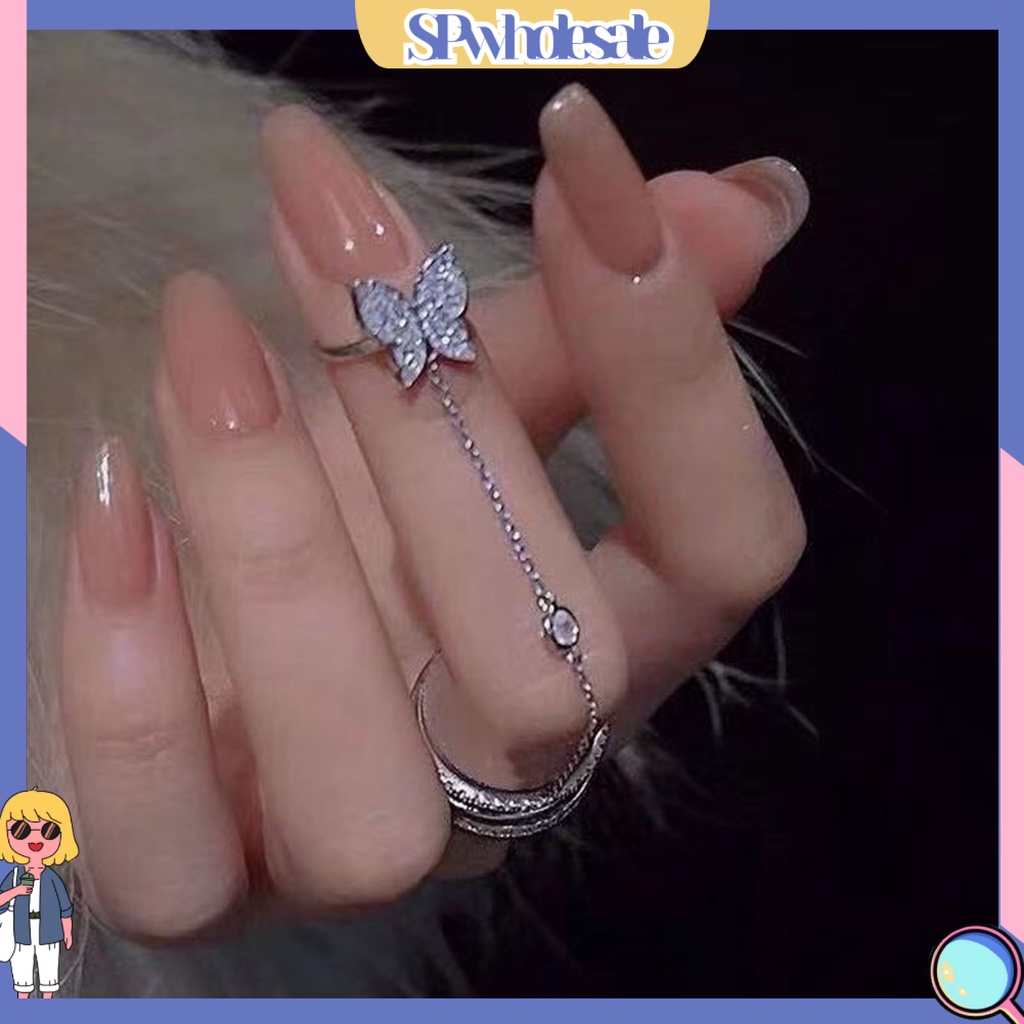 <SPwholesale> Bộ Nhẫn Hở Ba Lớp Sáng Bóng Đính Đá Hình Bướm Tua Rua Làm Quà Sinh Nhật Cho Nữ