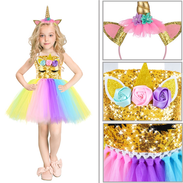 đầm bé gái,short-sleeved rainbow váy công chúa,set váy cho bé gái váy công chúa cho bé gái Đầm Hóa Trang Kỳ Lân Cho Bé Gái