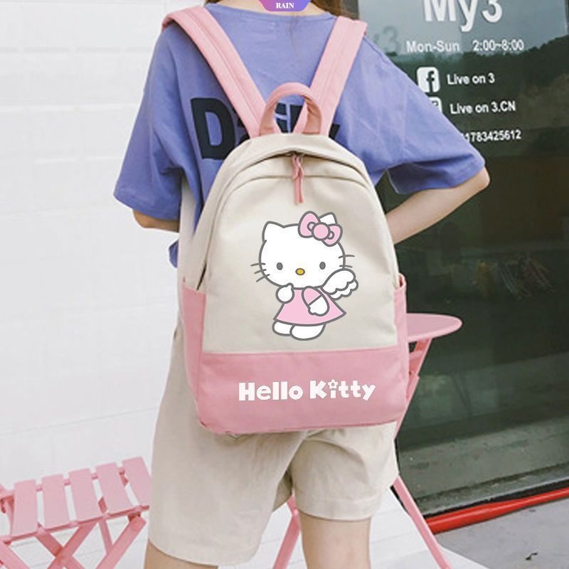 Ba Lô Vải Canvas Sức Chứa Lớn Có Khóa Kéo In Họa Tiết Hoạt Hình Sanrio Hello Kitty Phong Cách Harajuku Nhật Bản Cho Nữ
