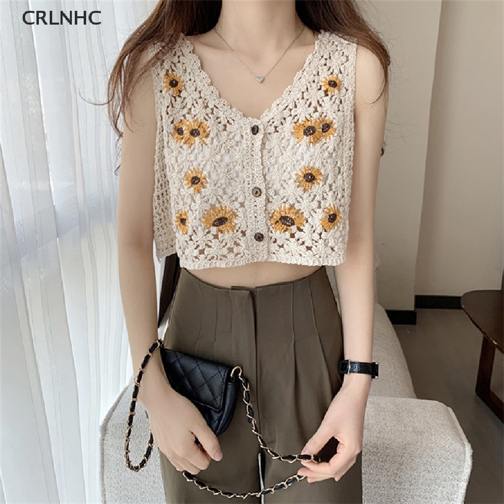 Áo dệt kim CRLNHC hai dây thêu họa tiết phong cách dân tộc cổ điển thời trang mùa hè cho nữ