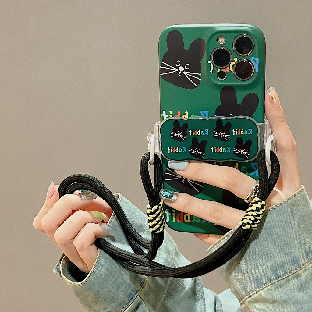 Ốp Điện Thoại TPU Dẻo Họa Tiết Chú Thỏ Đen Kèm Kẹp Chống Rơi Cho iphone 12 14 13 11 Pro Max