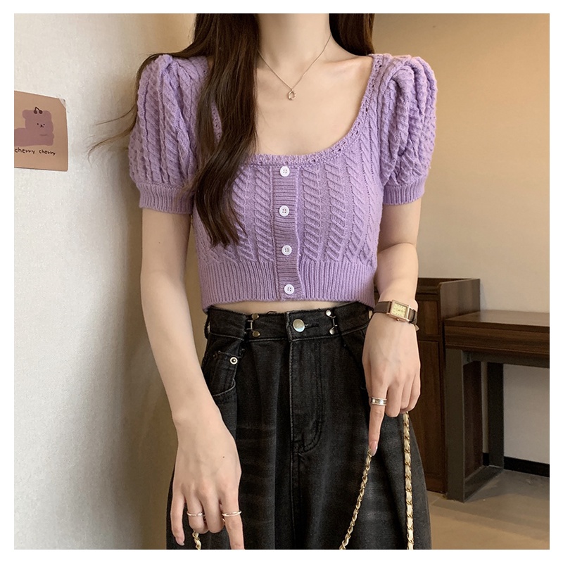 Áo Thun Dệt Kim Cổ Vuông Tay Phồng Thời Trang Mùa Hè Dành Cho Nữ