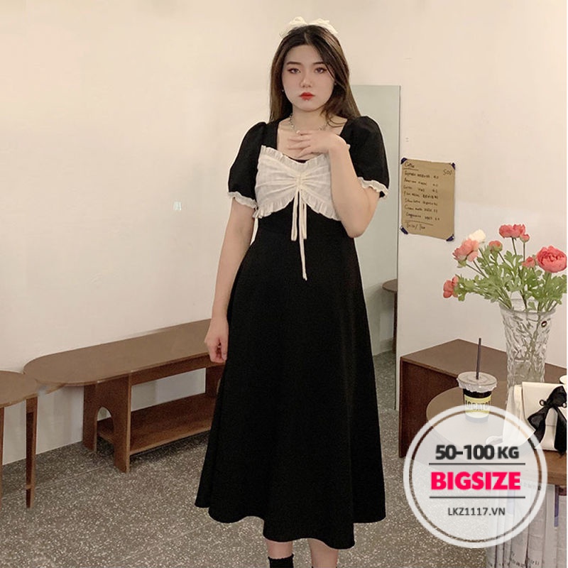 Váy đầm nữ Bigsize Đầm dự tiệc sang trọng dáng xoè tay ngắn cổ vuông mùa hè Phong cách Hàn Quốc Thời Trang đẹp