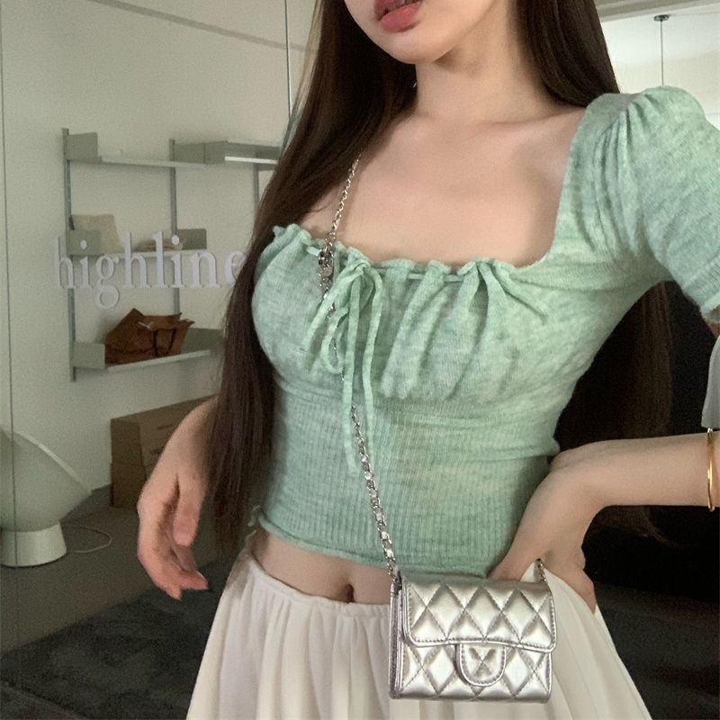 Áo Crop Top Dệt Kim Tay Ngắn Dáng Ôm Gợi Cảm Phong Cách Pháp Thời Trang Mùa Hè Hàng Mới Dành Cho Bạn Nữ