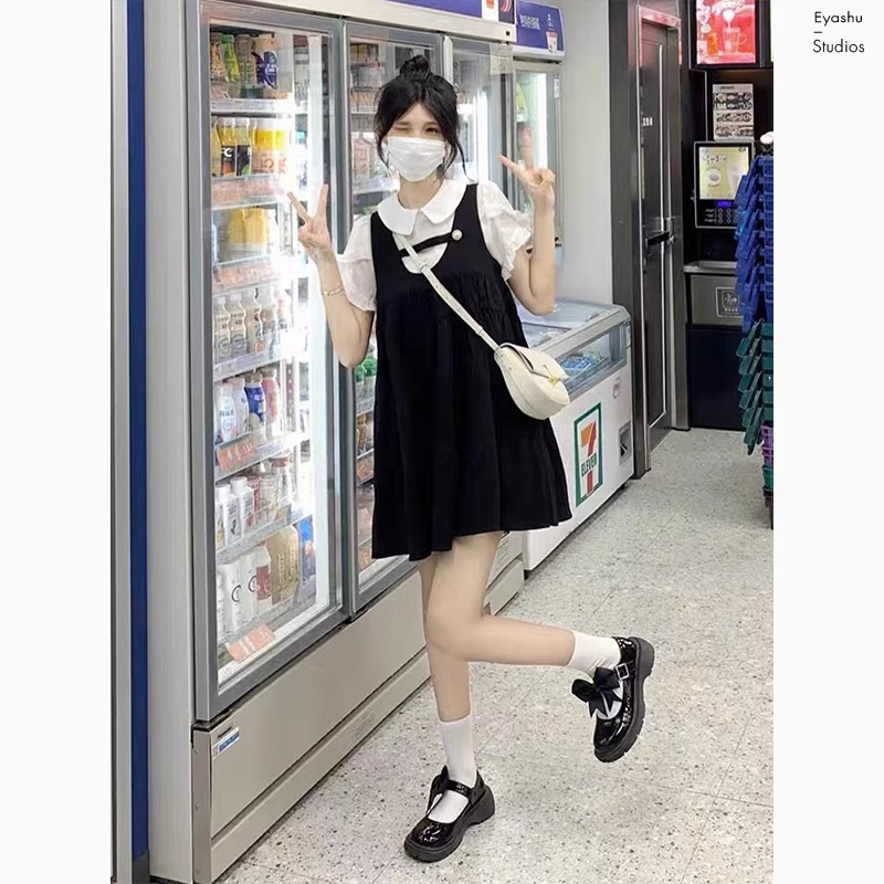 Dễ Thương Đầm Ngắn Mùa Hè Màu Đen Giả Váy Sơ Mi Phong Cách Ngọt Ngào Cho Nữ     hka089