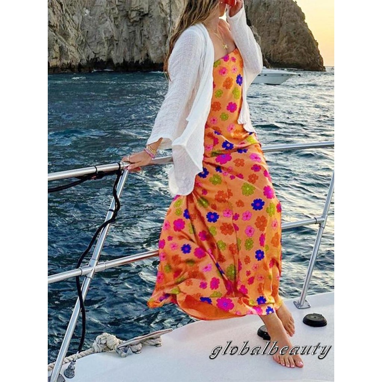 Đầm Dài Không Tay Hở Vai Họa Tiết Hoa Thời Trang Mùa Hè Cho Nữ
