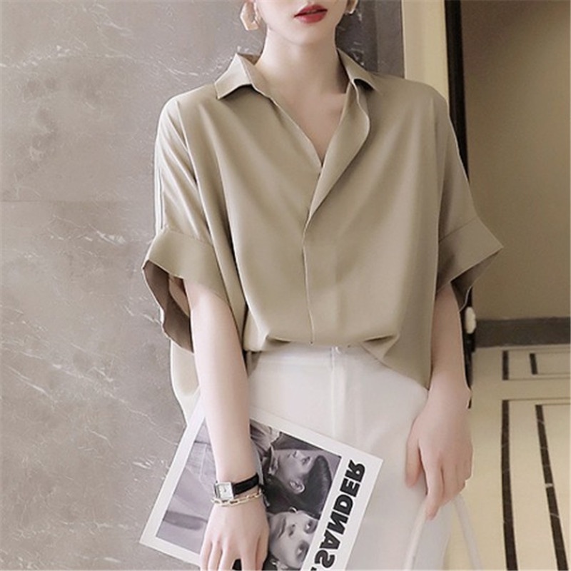 Liên Kết Với Nhau ✿ Áo Sơ Mi Nữ Tay Cánh Dơi Cổ Chữ v Màu Sắc Thanh Lịch