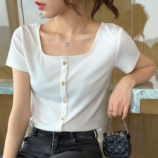 [Hàng Có Sẵn] Áo Thun Ngắn Tay Cổ Vuông Cổ Điển