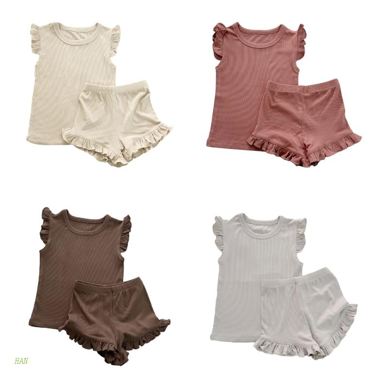 Bộ Áo Thun Tay Bèo Phối Quần Short Vải Cotton Thời Trang Mùa Hè Cho Bé Gái