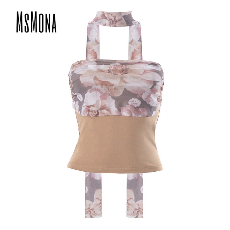 Áo Ống Mỏng Không Tay Hở Vai In Họa Tiết Hoa Tương Phản Thời Trang 2023 Cho Nữ