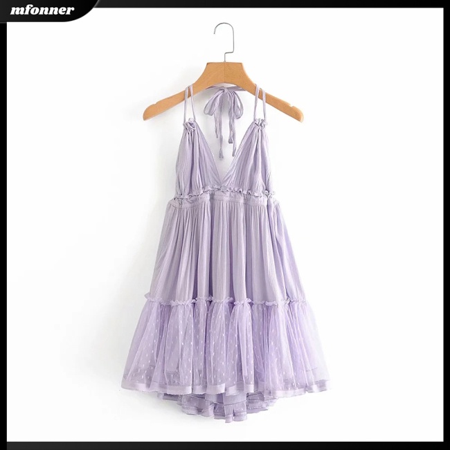 Đầm Hai Dây Cổ Chữ V Phối Lưới Màu Sắc Trơn Thời Trang Mùa Hè Cho Nữ