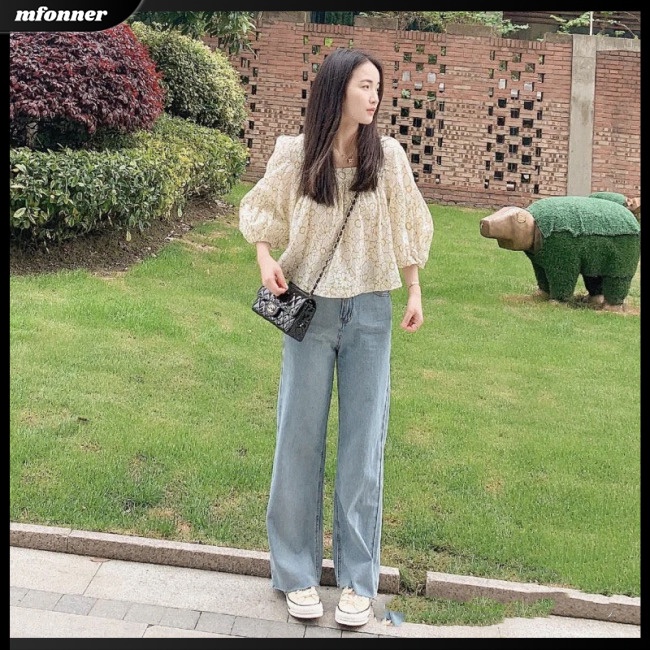 Áo Sơ Mi Chiffon Tay Phồng Cổ Vuông Họa Tiết Hoa Xinh Xắn Cho Nữ