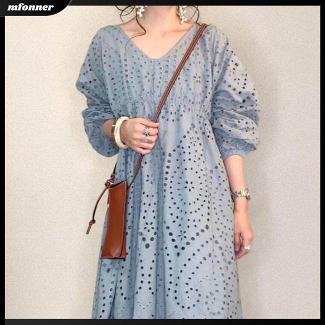 Đầm Dáng Chữ A Tay Phồng Cổ Chữ V Màu Sắc Ngọt Ngào Nữ Tính