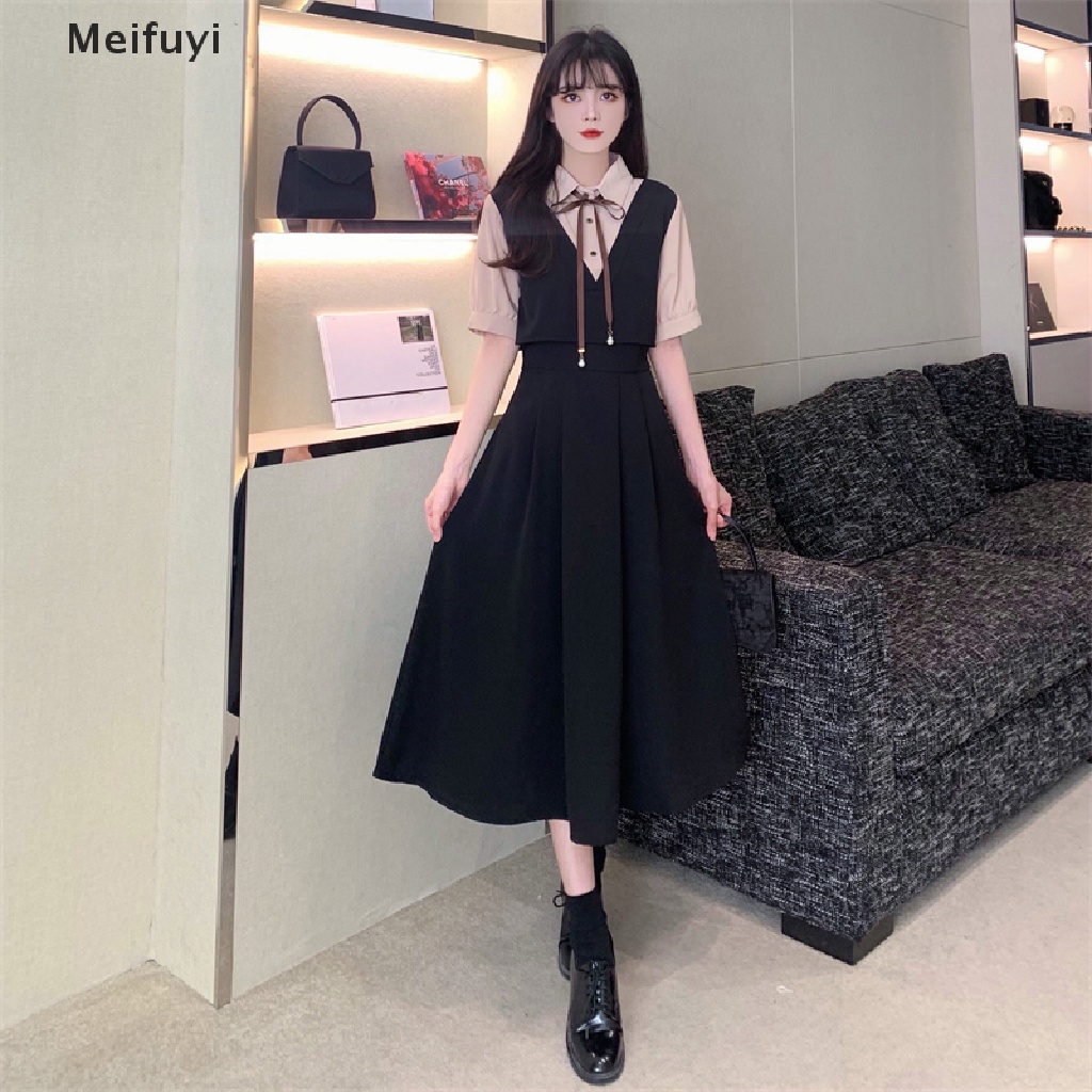 [Meifuyi] Đầm Maxi Dáng Chữ A Giả Hai Lớp Đơn Giản Thời Trang Mùa Hè Phong Cách Preppy Cổ Điển Hàn Quốc Dành Cho Bạn Nữ