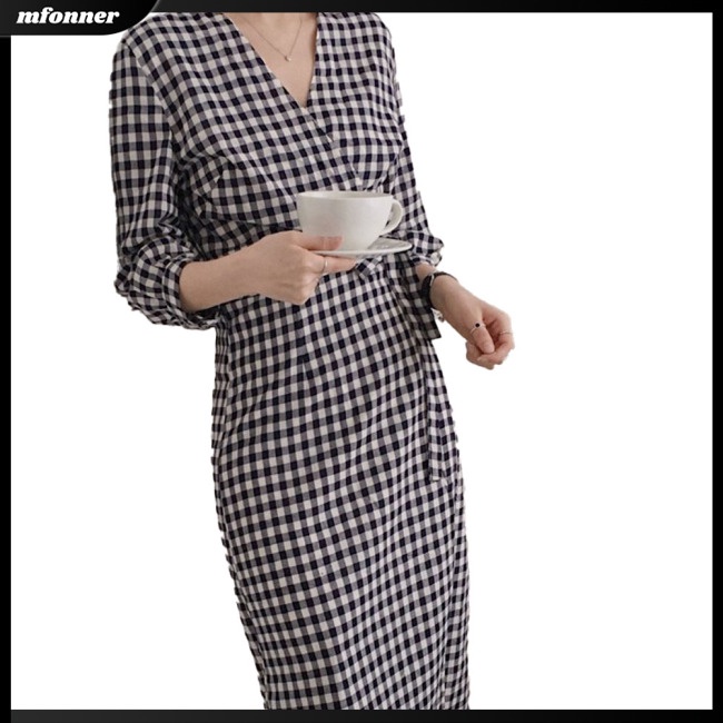 Đầm Midi Ôm Eo Cổ Chữ V In Họa Tiết Caro Quyến Rũ Thời Trang Cho Nữ