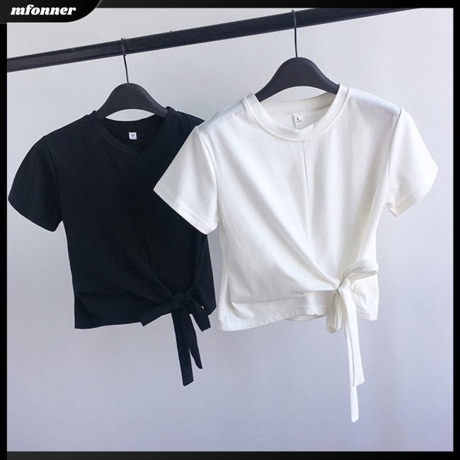 Áo Thun Croptop Tay Ngắn Cổ Tròn Màu Sắc Đơn Giản Cho Nữ