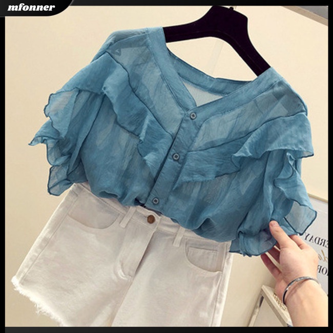 Áo Sơ Mi Voan Tay Ngắn Phồng Cổ Chữ V Thời Trang Dành Cho Nữ