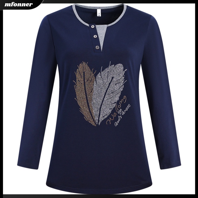 Áo Thun Nữ Tay Dài Cổ Tròn Dáng Rộng Có Nút Trang Trí Màu Sắc Tương Phản