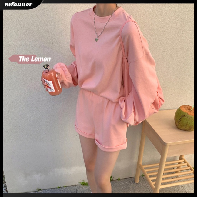 Set Đồ 2 Món Gồm Áo Cổ Tròn Dài Tay Màu Sắc Đơn Giản Kèm Quần Ngắn Cho Nữ