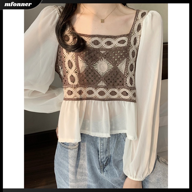 Áo Dệt Kim Chiffon Dài Tay Cổ Vuông Phối Họa Tiết Thổ Cẩm Thời Trang Cho Nữ