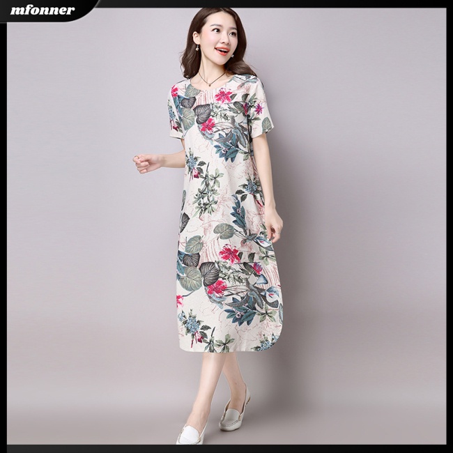 Đầm Cotton Pha Dáng Rộng Cổ Tròn Tay Ngắn In Hoa Xinh Xắn Cho Nữ