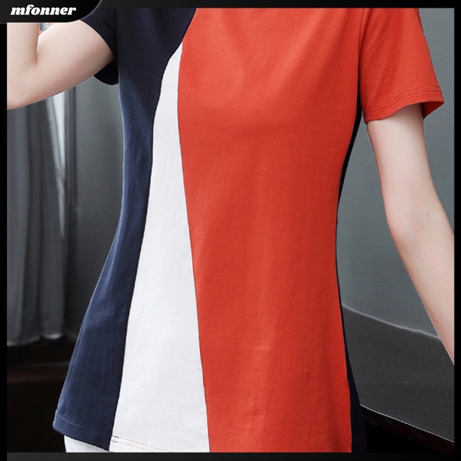 Áo Thun Tay Ngắn Cổ Tròn Dáng Rộng Màu Sắc Tương Phản Thời Trang Mùa Hè Cho Nữ