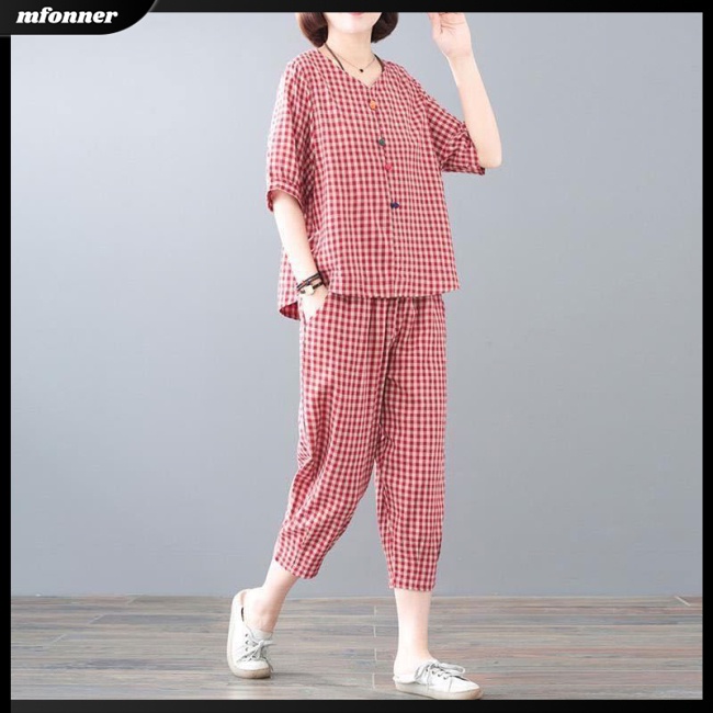 Set Đồ 2 Món Áo Croptop Tay Ngắn Và Quần Dài Họa Tiết Caro Thời Trang Cho Nữ