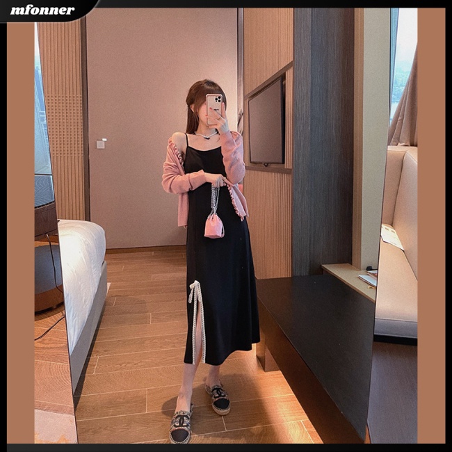 Đầm Hai Dây Màu Đen Phối Nơ Xinh Xắn Thời Trang Dành Cho Nữ