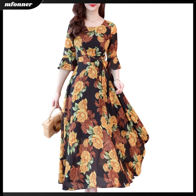 Đầm Dài Chữ A Tay Lửng In Họa Tiết Thời Trang Mùa Hè Dành Cho Nữ