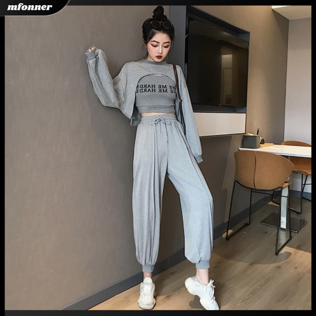 Bộ Trang Phục Thể Thao 3 Món Áo Croptop Dài Tay + Quần Dài Ôm Dáng Thời Trang Cho Nữ
