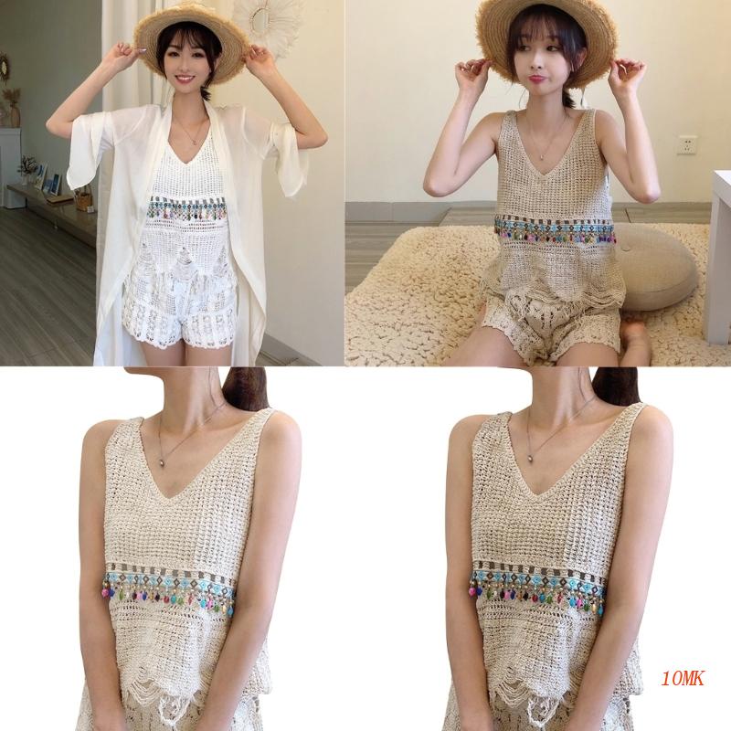 Xiangbao Áo Croptop Dệt Kim Không Tay Cổ Chữ V Viền Tua Rua Đính Hạt Phong Cách Boho Dành Cho Nữ