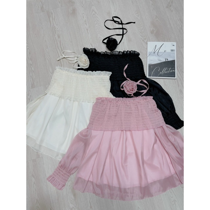 Áo voan tơ dài nhún trễ vai tay dài có tặng kèm chocker hoa như hình alohashop91