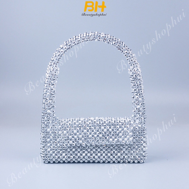 Túi Xách Đeo Vai Đính Hạt Acrylic Màu Bạc Phong Cách Mới