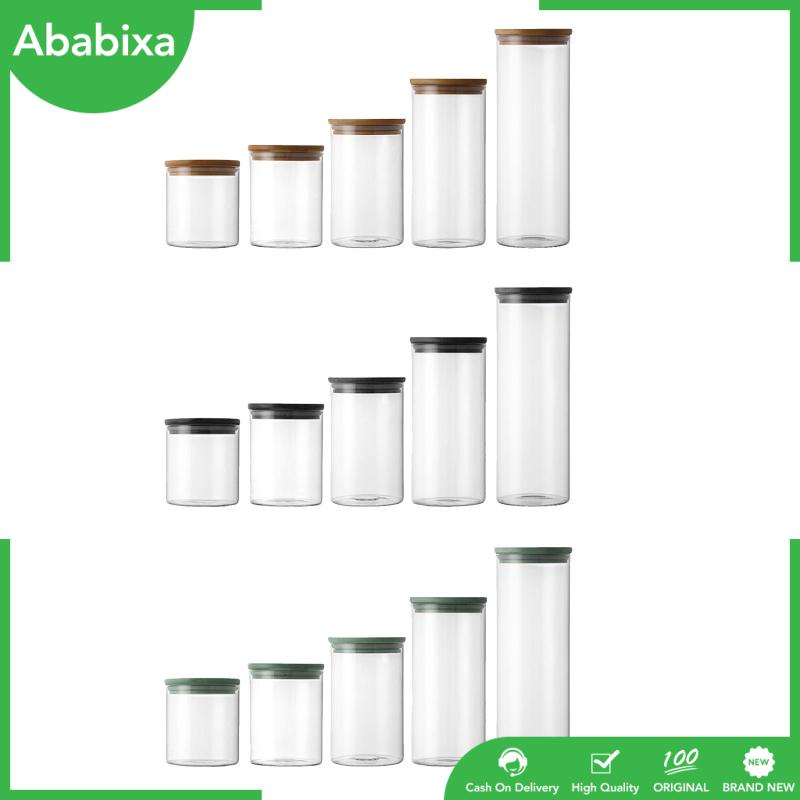 Bộ 5 Hũ Thủy Tinh Đựng Trà / Gia Vị Có Nắp Tre Tiện Dụng